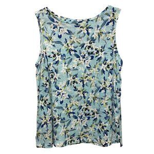 J Jill Womens Love Linen Tank Top PL Blue Floral Bloomcore Cruise Vacation Summe